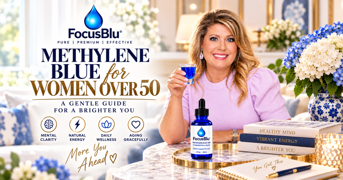 FocusBlu Methylene Blue for Women Over 50: A Gentle Guide for a Brighter You, with a woman holding a glass of blue liquid