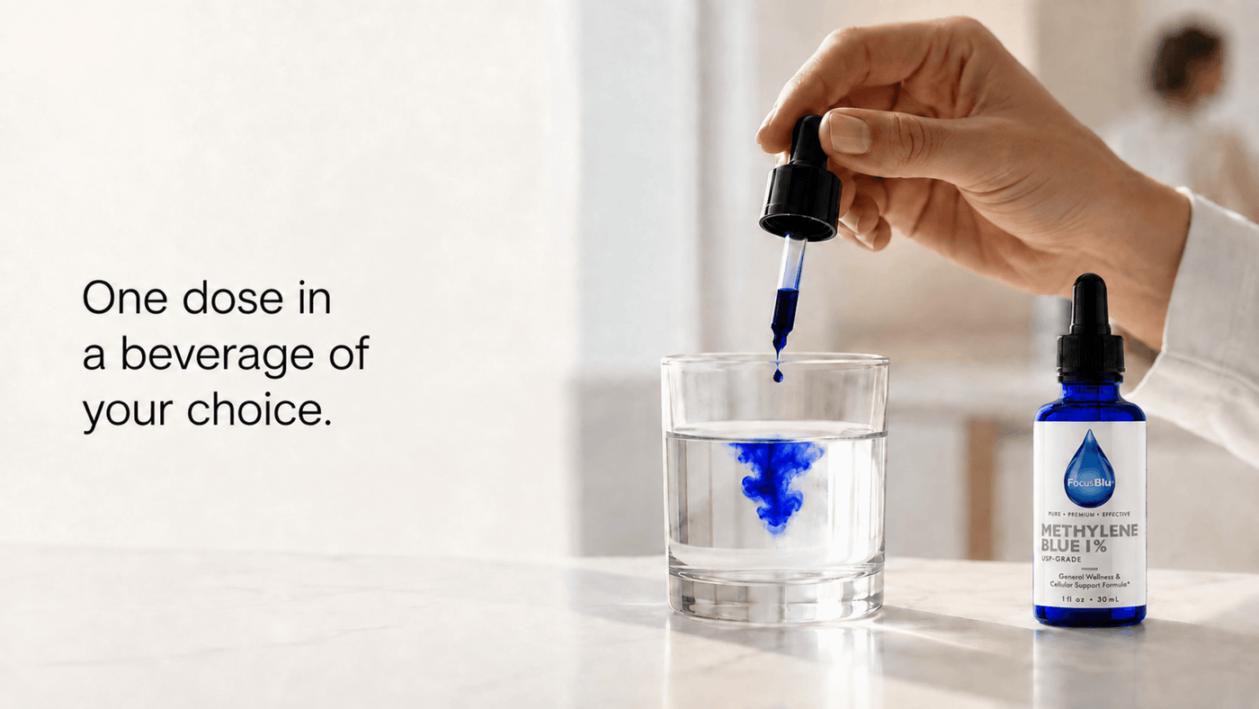 FocusBlu drops dispersing into a clear glass of water